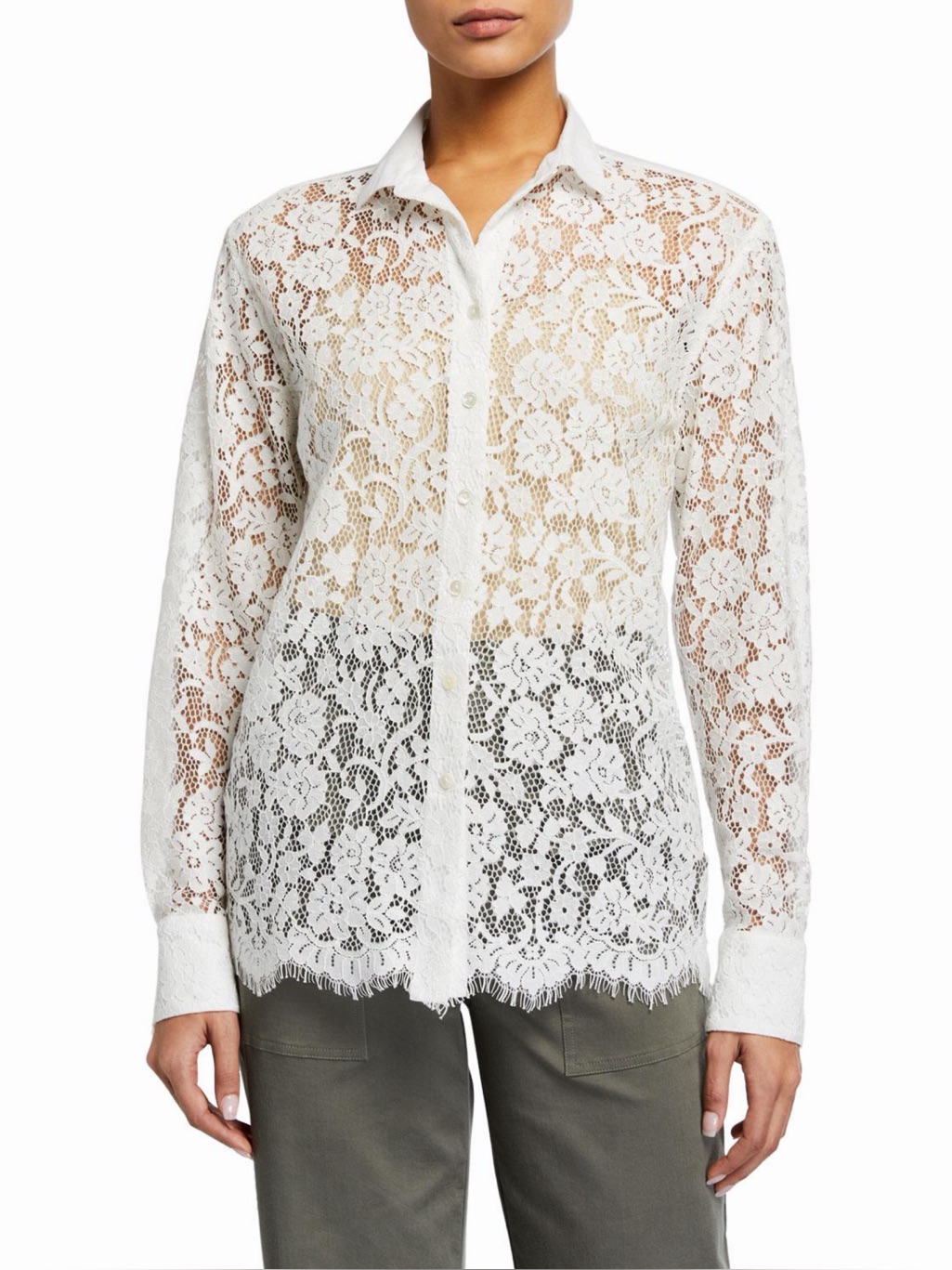 Atm White Floral Lace Panel Button Down Shirt Size S Long Sleeve Romantic Femme